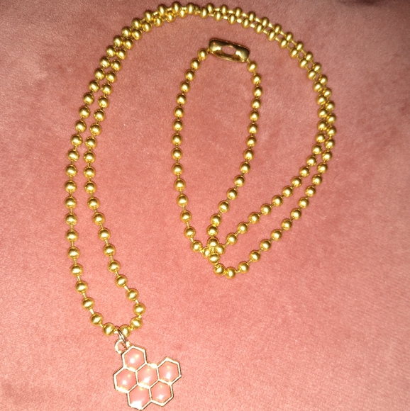 🪷 LOTUS SALE Pink Honey Gold Honeycomb Charm Necklace Ball Link Choker Long New - Picture 7 of 10